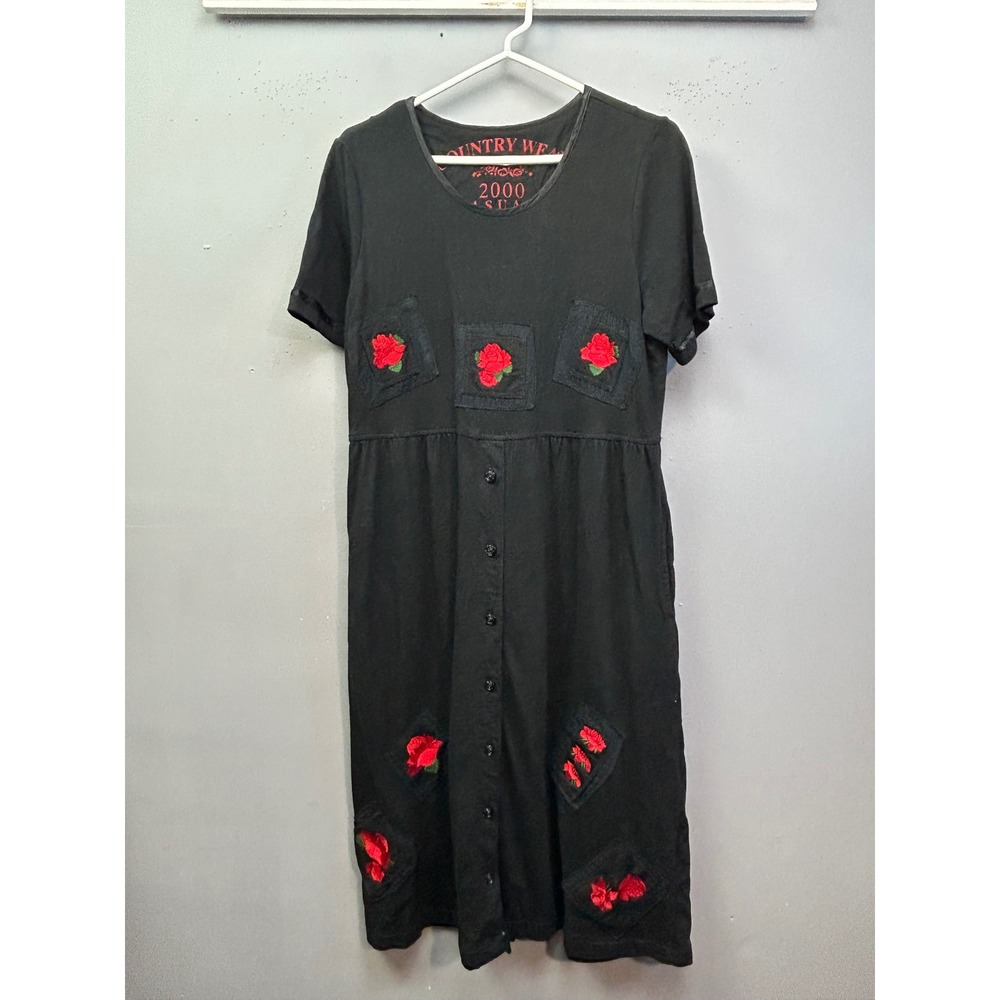 Country Wear Dress Womens S Black Floral Rose Embroidered Button Midi Cotton